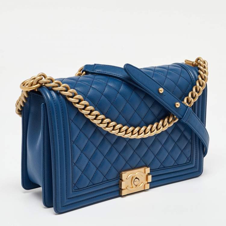 Chanel Medium Boy Bag in Blue Quilted Caviar Leather with Gold Hardware