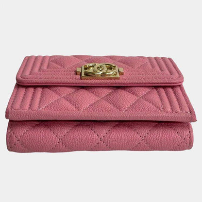 Chanel Pink Quilted Caviar Boy Flap Compact Wallet