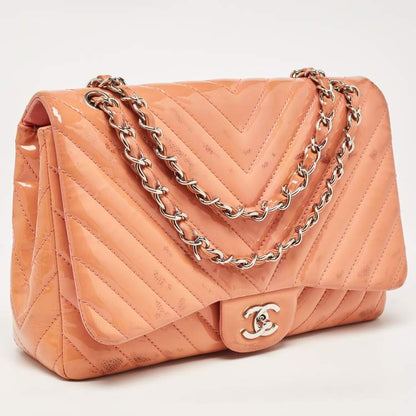 Chanel Pink Chevron Patent Leather Jumbo Flap Bag