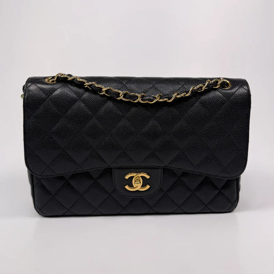 CHANEL CLASSIC JUMBO FLAP BAG IN BLACK CAVIAR LEATHER WITH GHW