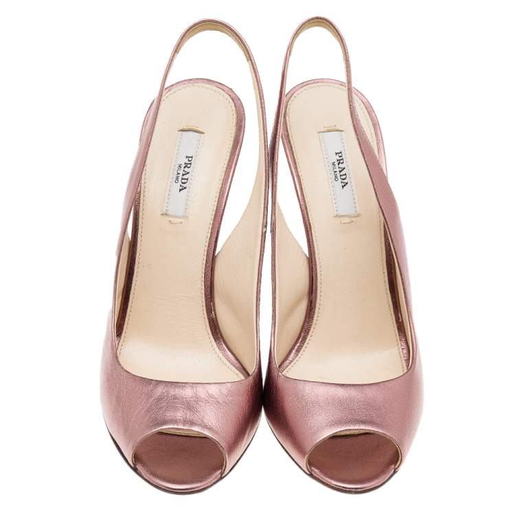 Prada Pink Metallic Leather Peep Toe Heels Size 37.5