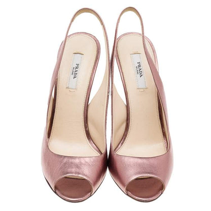 Prada Pink Metallic Leather Peep Toe Heels Size 37.5