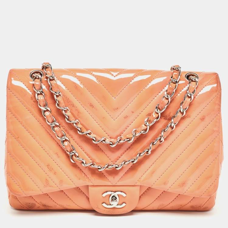 Chanel Pink Chevron Patent Leather Jumbo Flap Bag