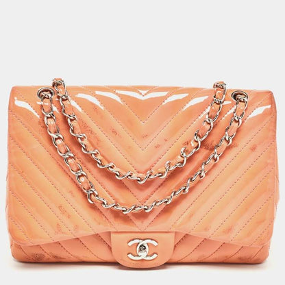 Chanel Pink Chevron Patent Leather Jumbo Flap Bag