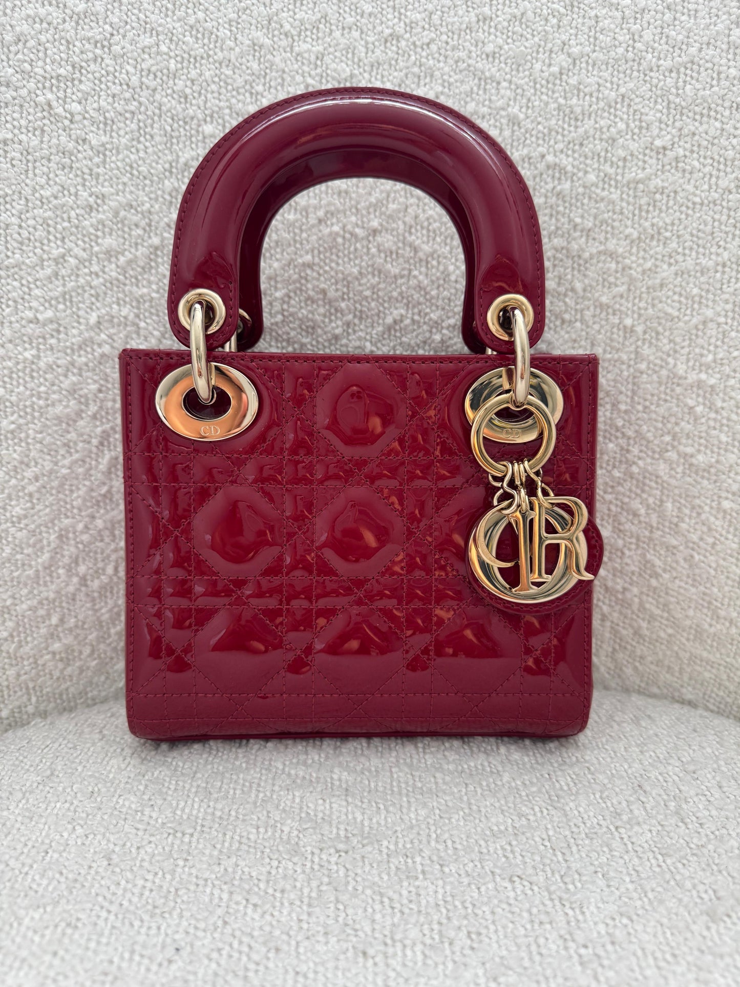 Authentic Mini Lady Dior Bag – Burgundy Patent Leather with Gold Hardware