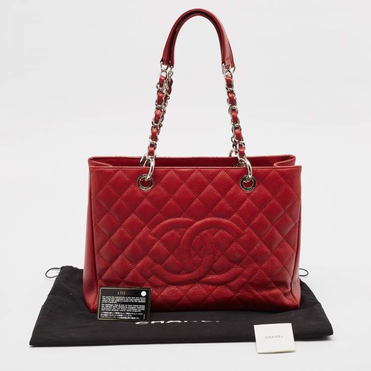 Chanel GST Tote in Red Quilted Caviar Leather with Silver Hardware