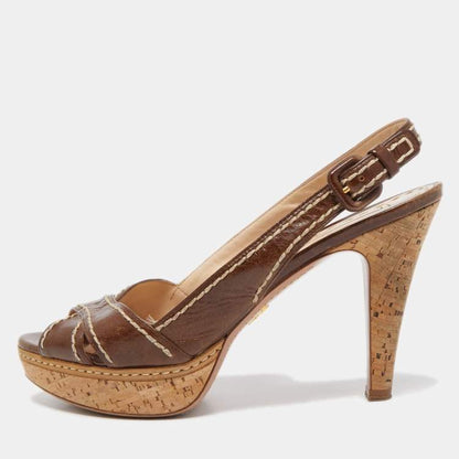 Prada Brown Leather Cork Platform Sandals Size 40