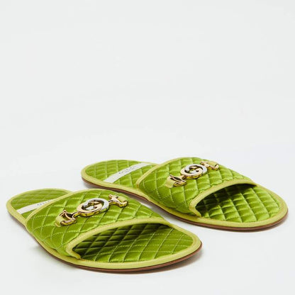 Gucci Green Quilted Satin G Logo Slides – Size 44 – Brand New