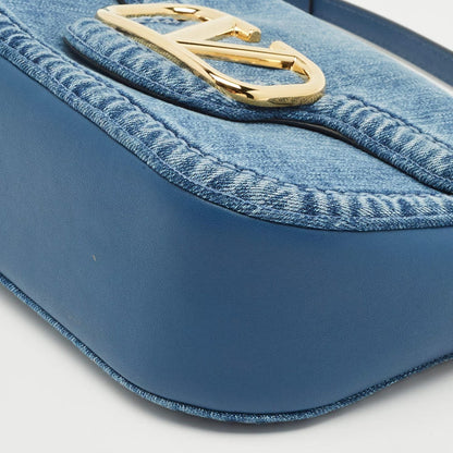 Valentino VLogo Medium Blue Denim and Leather Shoulder Bag