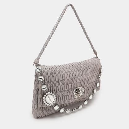 Miu Miu Grey Matelassé Nappa Leather Crystal Shoulder Bag