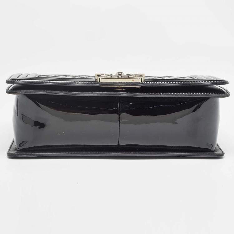 Chanel Black/Silver Chevron Patent Leather Medium Boy Flap Bag