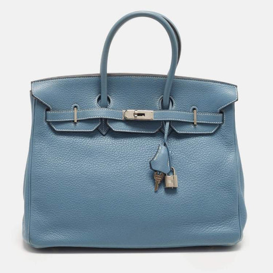 Authentic Hermes Birkin 35 Palladium Finish Bleu Jean Taurillon Clemence Leather Tote