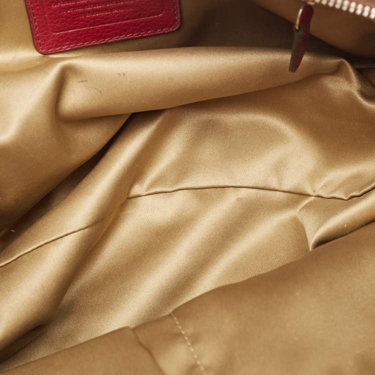 Coach Signature Carrie Tote – Beige & Burgundy Canvas Leather Shoulder Bag