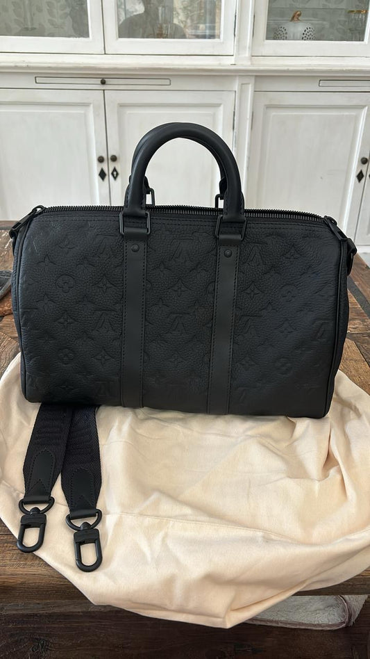 Brand New Louis Vuitton Keepall Bandoulière 45 – Black Monogram Empreinte Leather | With Box, Dust Bag & Strap