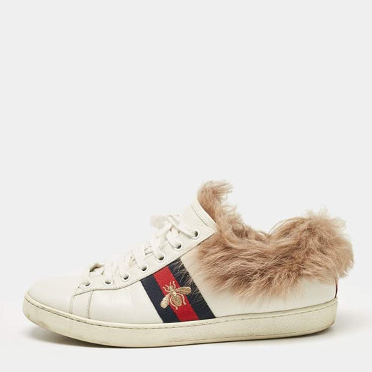 Gucci White Fur Leather Sneakers Size 40