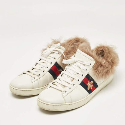 Gucci White Fur Leather Sneakers Size 40
