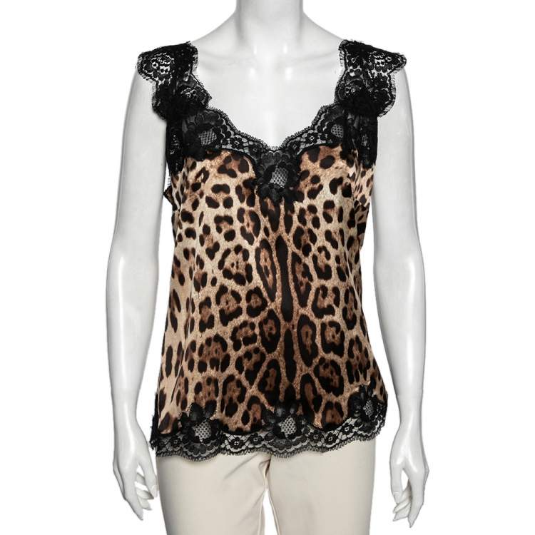 Dolce & Gabbana Leopard Print Silk Lace Trim Top – Size XL – Brand New