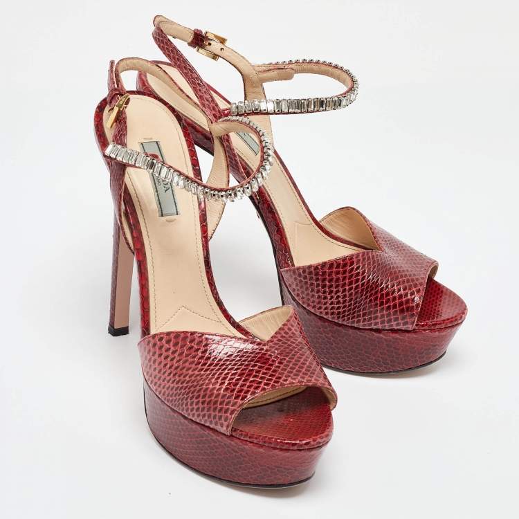 Prada Red Snakeskin Crystal Platform Sandals Size 39