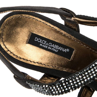 Dolce & Gabbana Dark Grey Crystal Embellished Suede Block Heels – Size 38.5 Brand New