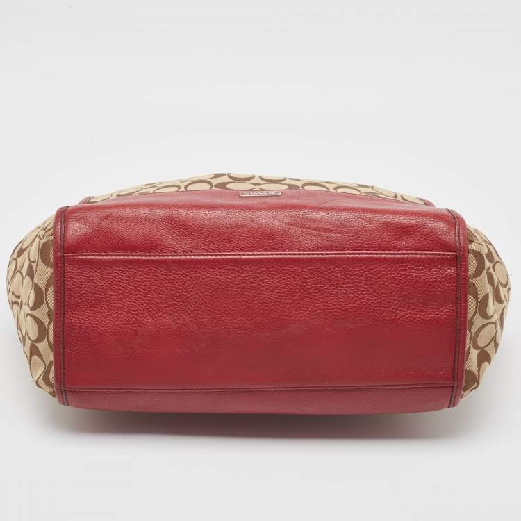 Coach Signature Carrie Tote – Beige & Burgundy Canvas Leather Shoulder Bag