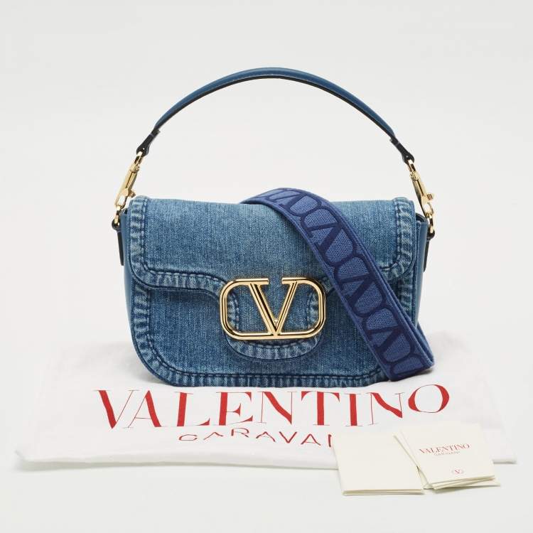 Valentino VLogo Medium Blue Denim and Leather Shoulder Bag