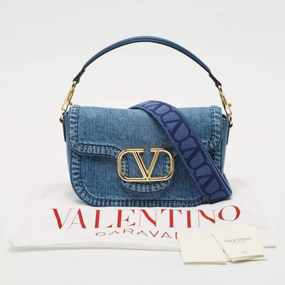 Valentino VLogo Medium Blue Denim and Leather Shoulder Bag