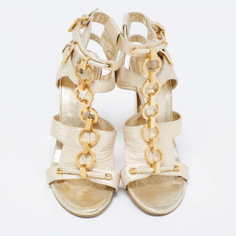 Roberto Cavalli Gold Leather Ankle Strap Sandals Size 37.5