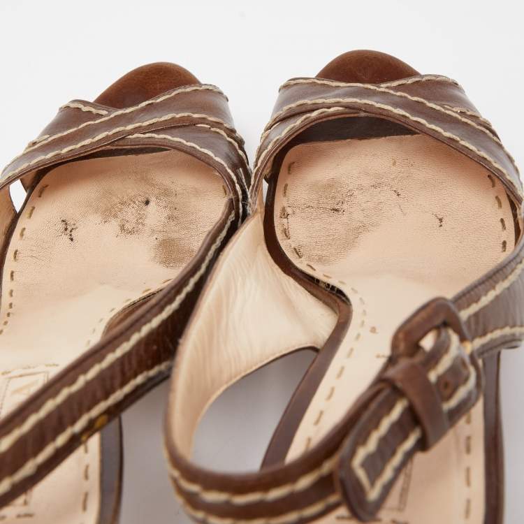 Prada Brown Leather Cork Platform Sandals Size 40