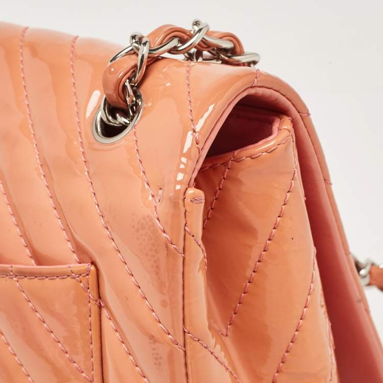 Chanel Pink Chevron Patent Leather Jumbo Flap Bag