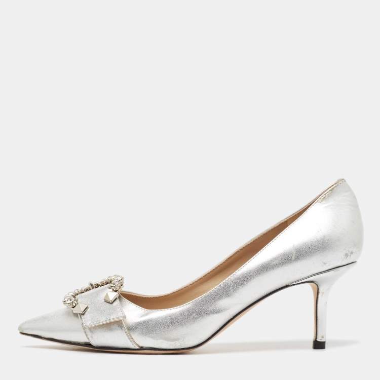 Jimmy Choo Silver Crystal Embellished Leather Pumps Size 37