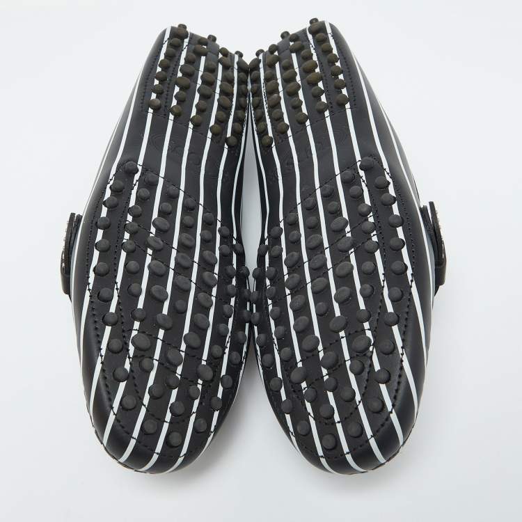 Tod’s Black & White Striped Leather Embellished Loafers - Size 37
