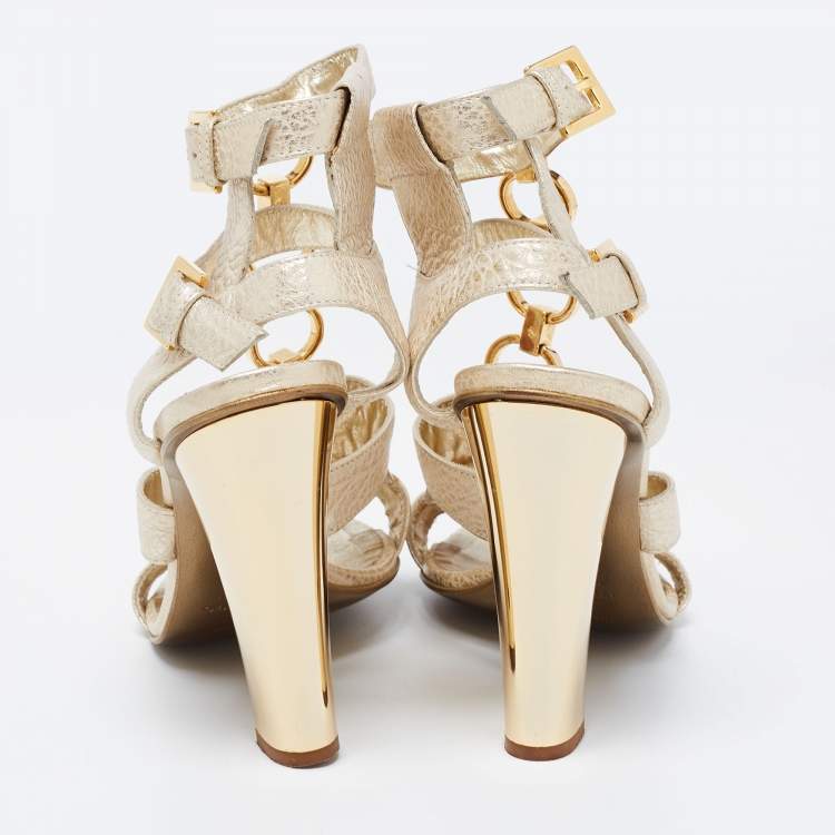 Roberto Cavalli Gold Leather Ankle Strap Sandals Size 37.5