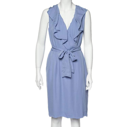 Valentino Blue Silk Ruffle Neck Wrap Midi Dress – Size L – Brand New with Tags