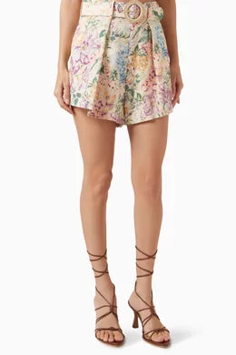 Zimmermann Linen Floral Belted Shorts
