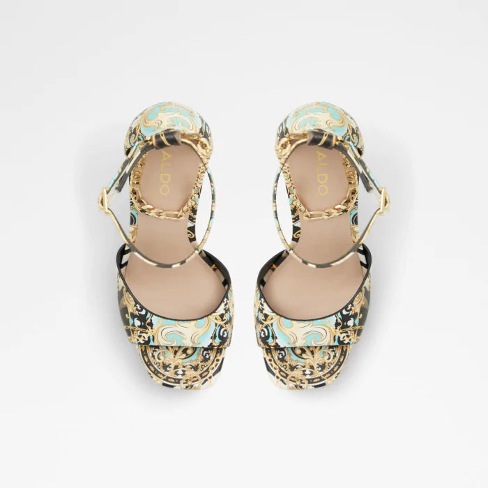 Aldo Statement Heels – Baroque-Inspired Black Multi Print | Sizes 40–41