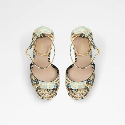 Aldo Statement Heels – Baroque-Inspired Black Multi Print | Sizes 40–41