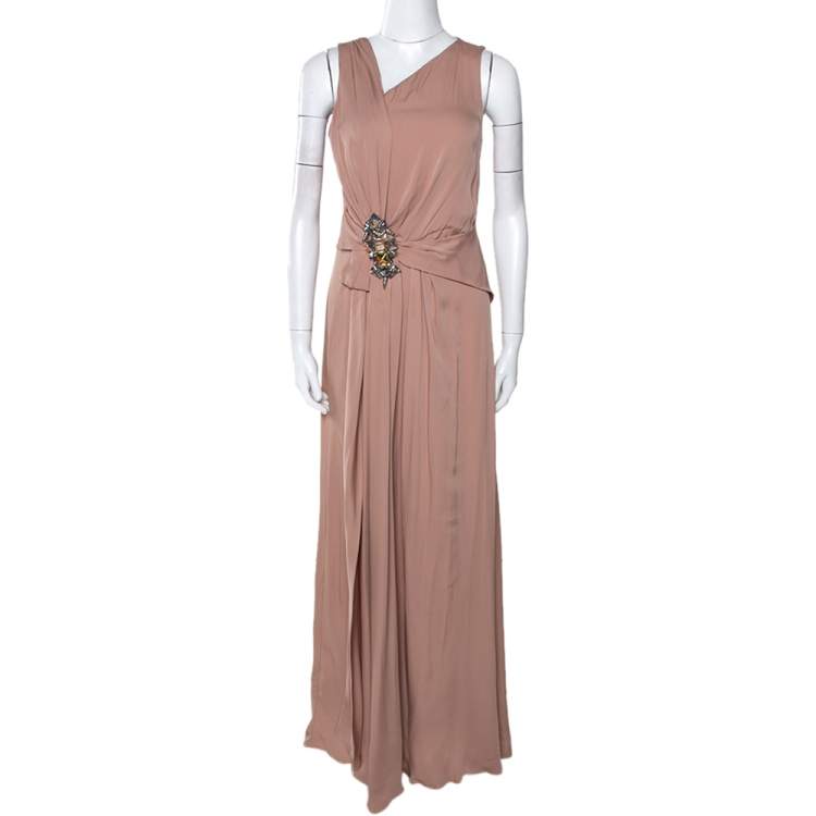 Gucci Pale Pink Silk Crepe Brooch Detail Draped Gown – Size M