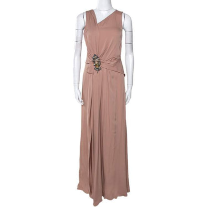 Gucci Pale Pink Silk Crepe Brooch Detail Draped Gown – Size M