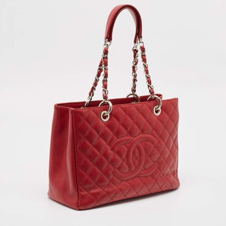 Chanel GST Tote in Red Quilted Caviar Leather with Silver Hardware
