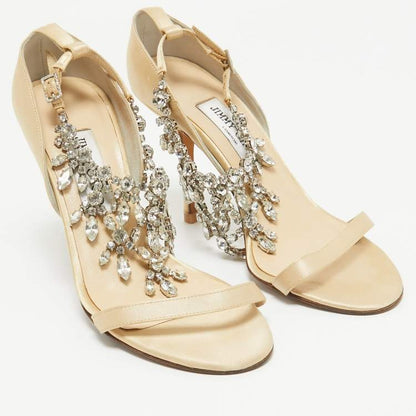 Jimmy Choo Gold Satin Crystal Sandals Size 38 – Embellished Heels