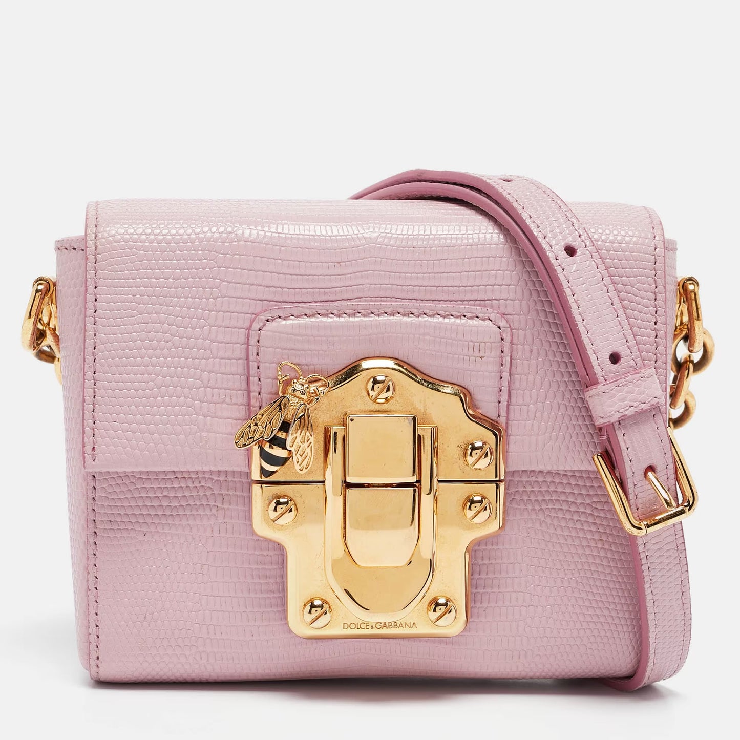 Dolce & Gabbana Lucia Medium Pink Lizard Embossed Leather Crossbody Bags