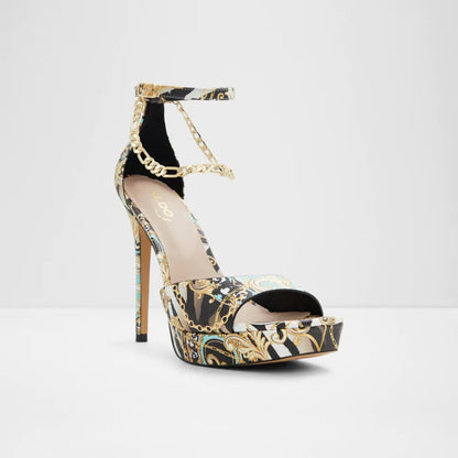 Aldo Statement Heels – Baroque-Inspired Black Multi Print | Sizes 40–41