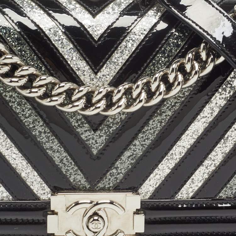Chanel Black/Silver Chevron Patent Leather Medium Boy Flap Bag
