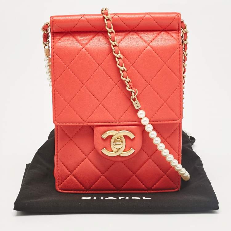 Chanel Vertical Pearl Chain Clutch in Red Quilted Leather with Gold Hardware