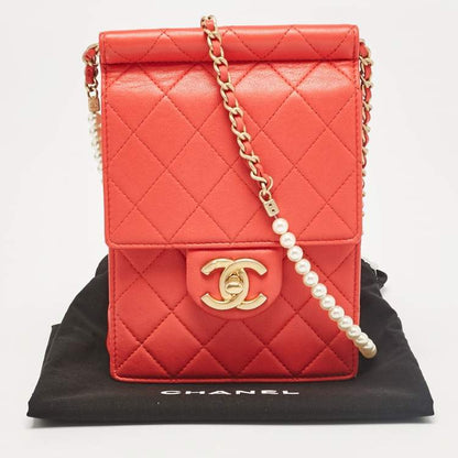 Chanel Vertical Pearl Chain Clutch in Red Quilted Leather with Gold Hardware