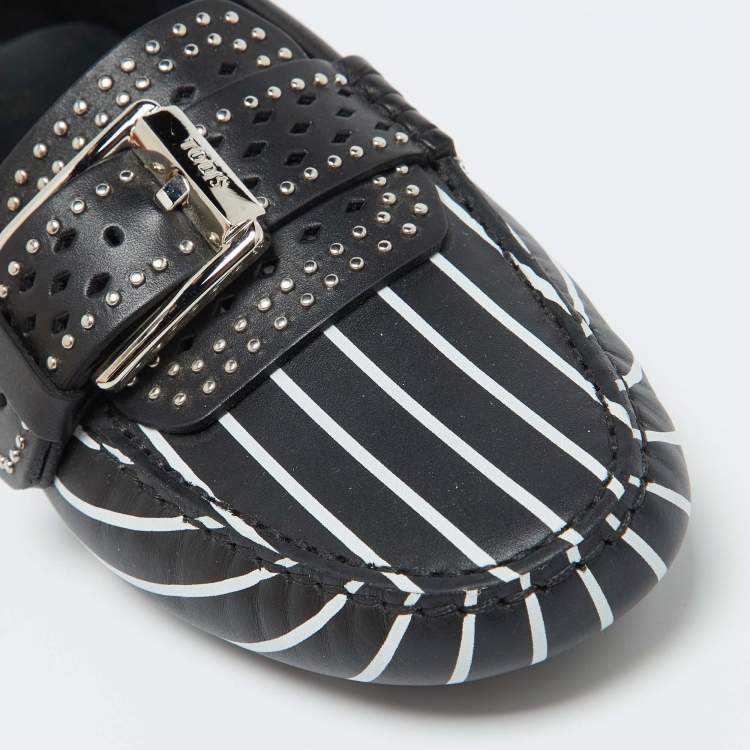 Tod’s Black & White Striped Leather Embellished Loafers - Size 37