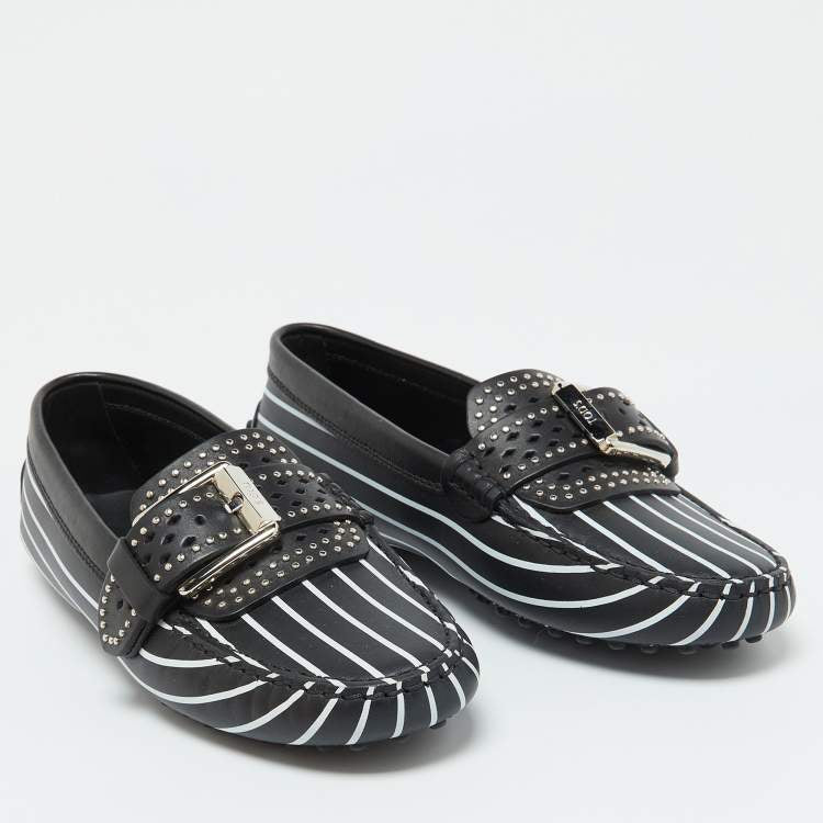 Tod’s Black & White Striped Leather Embellished Loafers - Size 37