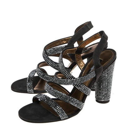 Dolce & Gabbana Dark Grey Crystal Embellished Suede Block Heels – Size 38.5 Brand New