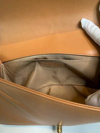 CHANEL BOY BAG MEDIUM IN TAN LAMBSKIN & WOVEN TWEED WITH GHW
