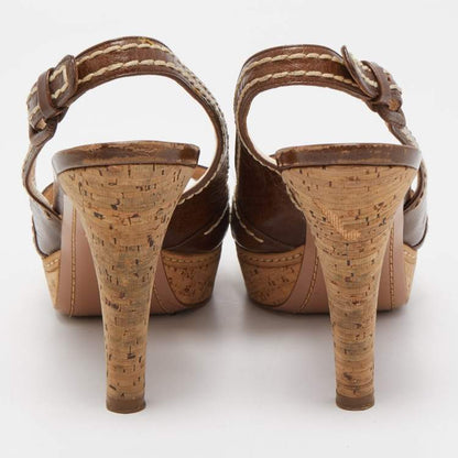Prada Brown Leather Cork Platform Sandals Size 40